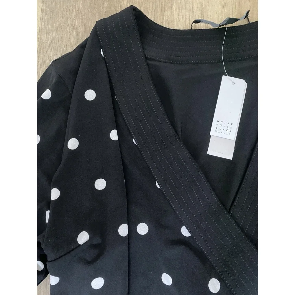 White House Black Market Black Polka Dot Long Sleeve Faux Wrap‎ Dress Size 16